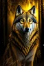 Placeholder: Portrait of an Golden Wolf Fur Gold/Brown large wolf with Bright gold eyes with the background of a forest at night