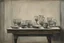 Placeholder: Dishes and glasses on a table in the style of Vilhelm hammerschoi