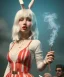 Placeholder: Ultra realistic photographic party portrait, sound club, wide-angle lens, couple, cinematic, happy blonde woman smoking a shisha pipe, accompanied by big white rabbit friend, hot, circus dress style, marihuana plants, color smoke, soft color, highly detailed, unreal engine 5, ray tracing, RTX, lumen lighting, ultra detail, volumetric lighting, high definition.