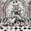 Placeholder: Storybook illustration of a Pierrot Clown, black and white with pink accents, Beardsely style, art nouveau elements, vintage drawing, pierrot vintage, black and white marble floor