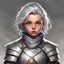 Placeholder: dnd, portrait of female halfling cleric, silver hair.