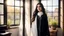 Placeholder: Hyper Realistic Photographic View Of A Gorgeous Pashto Young Woman (Wearing Long Black Coat With White Dress With Black Embroidery & Wearing Plain White Dupatta On Her Neck) Alone Happily Standing & Smiling In Her Office Room With Her Beautiful Long Black Hair With Sun Rays Coming From A Fancy Window At Her Back, With A Little Garden View From Outside WIndow Showing Dramatic & Cinematic Ambiance.