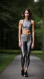 Placeholder: photography of a beautiful anorexic woman, grey satin triathlon top, brunette wavy bob haircut, pronounced sternum, flat chest, grey satin cycling leggins