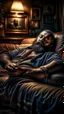 Placeholder: photorealistic, photography, full figure shot, an hairy men sleeping over an old sofa, hands behind the neck, Realistic photography, well defined facial features, strong muscular chubby sweat dirty arab, shirtless, ugly , 43 years old , open legs, manly chest, big shoulders, manly torso, long beard, dirty ripped tracksuit , very dark living room, dim light, ambient occlusion, view angle from below, frontal view from the ground