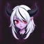 Placeholder: a 3d logo of an anime devil girl with light purple skin, red eyes and half white half black hair, and black horns