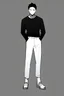 Placeholder: a boy, black undershirt, white shorts, blue eyes and black hair, stand-still, front, alone, hikikomori, introvert, detailed, full body, gloomy, expressionless, grayscale, black and white, no background