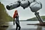 Placeholder: Wide-angle, full body and headshot of a skinny young woman, with long straight red hair, dressed in a robotic-looking catsuit, standing next to a lake with a crashed spaceship.