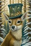 Placeholder: Cute realistic whitetail fawn wearing a top hat; big pine trees all around; in the style of josephine wall
