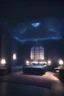 Placeholder: Stanza grande con letto singolo di notte con luci blu e diamanti, trending on artstation