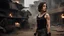 Placeholder: beautiful slender caucasian female technician with a knife, looking away from camera, black tank top, well toned muscles, weathered face, scratched sand camo metal details, short brunette wavy bob haircut, dystopian, postapocalyptic city scene with smoke and explosions. giant robot in the background