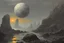Placeholder: Grey sky with one exoplanet in the horizon, rocks, mountains, 80's sci-fi movies influence, rodolphe wytsman impressionism paintings