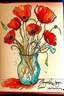 Placeholder: Sketchy sharp line wet watercolour of a vase of poppies in the style of john blockley