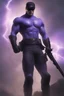 Placeholder: Kent Walker aka THE PHANTOM, Strong, athletic physique, Flexing poses, skin-tight, formfitting purple bodysuit, skin-tight, formfitting purple cowl, black eye disguise, black utility belt, double holstered pistol belt, black knee-high boots, glowing white eyes, battle scars, blood, ((foggy, cloudy background, multicolored lightning, flowing lava, Full Eclipse, aliens, explosions, bright, vibrant, extremely colorful, detailed, blood red skies))