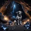 Placeholder: Hyper Realistic dog guarding black crystals with fireflies in a cave at night