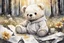 Placeholder: close-up of a cute chibi teddy bear packing piles of white clothes in the forest, laundry machine, grass and flowers next to him, melting watercolour and black ink outlines on wet paper, photorealistic, golden glitters S<AI in sunshine, ethereal, cinematic postprocessing