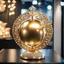 Placeholder: A magnificent golden and silver heart-shaped sign adorned with a stunning golden sphere encrusted with sparkling diamond clusters at its center, elegantly spinning in position.