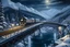 Placeholder: Realistic painting of a train crossing over a frozen river on a bridge between winter wonderland mountains with christmas lights