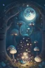 Placeholder: An enchanted forest with glittering trees and a big round mysterious moon and little cute shiny goblins with big round eyes everywhere and mushrooms glittering under the moonlight