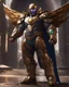 Placeholder: An armor made of a mixture of steel and leather, worn by a strong commander with magical power infinity gauntlet has six infinity stones And two big wings on his back