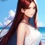 Placeholder: red long haired woman, casual clotting, realistic, HD4k, watery cloud background, close up shot,