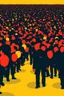 Placeholder: "A conceptual black-and- yellow Red digital illustration of a massive bold heads walking in the same direction, heads down, symbolizing conformity. The atmosphere feels lifeless and repetitive, emphasizing the ordinary mindset of the majority."