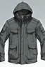 Placeholder: Sketch of outdoor cool black jacket with pockets and hoodie.