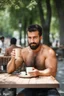 Placeholder: half figure photography of an ugly turkish barman servicing one coffee at the table, burly robust muscular chubby shirtless short beard short hair, mainly chest very hairy 25 years old man, in a public park of Istambul , sunny day, sweat, wet, big shoulders, angry eyes, photorealistic