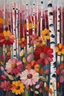 Placeholder: red, orange, yellow, pink flowers before birches. detalied, extremely high textured, botanical theme, with five, very thick layers of paint, with some brush bristles