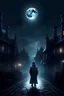 Placeholder: A magical character possessing wisdom and deep thinking, he emerges onto a dark street surrounded by magical houses. The moonlight shines from behind him as he gazes at the camera.