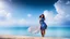 Placeholder: very nice real face beautiful sexy roman with make up at the beach standing pose in a short lace dark blue and silver dress, full body, 3D coudy sky volumetric nice clouds 8k sharp focus