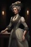 Placeholder: warm but stern aunty victorian era, posh british accent influenced, high born facial features dnd character on a solid black background, full body image, high quality realistic.