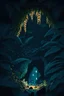 Placeholder: illustration of a strange looking cave in the jungle at night