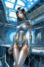 Placeholder: A digital painting by Kuniyoshi and Hajime Sorayama of full body tech beautiful cyborg girl inside a futuristic matrix.