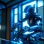 Placeholder: ninja robot doing bike stunt through window, 8k, down-light, soft light, depth of field, photo realism, trending on art station, high detail