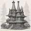 Placeholder: A detailed ink illustration of a front elevation of a fantasy house, with a tall chimney, rooms and floors added to the sides and roofs.