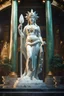 Placeholder: highly detailed marble and jade statue on a plint of the roman goddess of the sun. full body shot, volumetric fog, Hyperrealism, breathtaking, ultra realistic, unreal engine, ultra detailed, cyber background, Hyperrealism, cinematic lighting, highly detailed, breathtaking, stunning temple environment