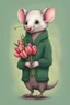 Placeholder: Green opossum wearing cardigan holding a bouquet of tulips cute art