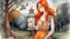 Placeholder: Watercolor painting of a white woman with long red hair, wearing a long orange dress, holding a lantern, in a field with a bird, a tree and a building in the background, monochrome scheme, soft and diffuse lighting, rough textures.