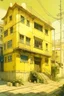 Placeholder: A light yellow house of mystery in a city in daylight painted by Zosan