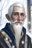 Placeholder: A fair-skinned elf. He has very pointed ears. He is tall, thin, silver hair, and blue eyes. He has a thick silver beard. He has the appearance of a man of about sixty years. He wears a long tunic of blue color magician. He looks distracted and friendly. Ice particles float around him. In the image you must see at least half a bust. It MUST be comic-book style.