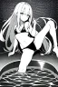 Placeholder: bikini long hair thin girl with leg in abyss pool, greyscale, cool pose, screen tones