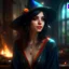 Placeholder: pretty girl, black hair, conventionally attractive, bright clothes, realism, dreamy, tight top, sorcerer, magic