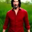Placeholder: Keanu reeves serious, in green field, red shirt, realistic eyes, realistic skin texture, unreal engine, 85mm photography