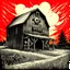 Placeholder: gnarly color cosmic horror illustration from golden age of Weird Tales, by Bill Elder, faded colors, dark negative space, TEXT "COLOUR OUT OF SPACE" in vintage block font, surreal, nihilistic, segmented separated lovecraftian glowing eye tentacle corruption on small barn, meandering offset coherence across multiple diagonal offset separated panels, minimalism, foreboding photo negative prismatic spray, Eldritch atmosphere