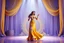 Placeholder: modern stage with gray-dark yellow blueish violet theme artistic decoration , color full dynamic lighting, a beautiful lady in maxi dress with shining silver jewels ,curvy long hair,dancing, 3D recursive fractal structure animating background