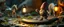 Placeholder: air brush 3d with pen outline, In the background, another tiny gnome carrying an absurdly powerful lantern suddenly shines a bright spotlight directly onto the snake and performs a ridiculous little victory dance. A tiny spider crawls across the board while a miniature unicorn calmly wanders through the background. Detailed miniature fantasy environment, expressive gnome faces, exaggerated physical comedy, realistic materials, cinematic camera movement, shallow depth of field, warm lantern light