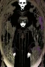 Placeholder: 7 year old boy, necromancer, friendly, looks dead, surrounded by weird smoke with eyes, wearing black robes, in the style of Harry Clarke