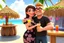 Placeholder: 3D video game characters, a brown-haired blue-eyed plus sized woman in a black dress with white and pink flowers hugging friendly a short blonde haired thin man wearing eyeglasses, t-shirts and jeans at the beach in sunshine, tiki bar, cocktails, hearts, waterfall, happiness