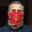 Placeholder: men ,modernism ,Full face mask. Made of carpet. With symbols of Iranian carpets and Iranian culture. Modeling photo using red colors.