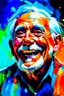 Placeholder: Old man laugh happy in abstract expressionist painting in vivid colors, thick impasto brushstrokes, spontaneous drips and splatters, texture and movement, explore emotions and ideas through non-representational forms --v 5.2